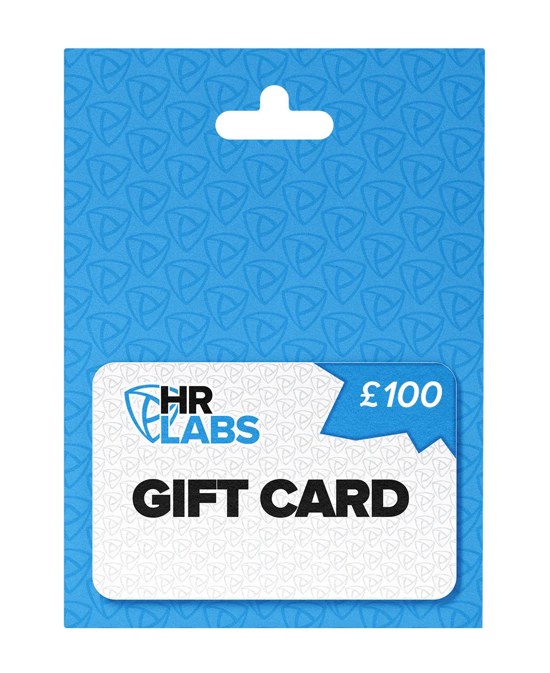 Blue £100 gift card for supplements, with bold text and geometric pattern background.