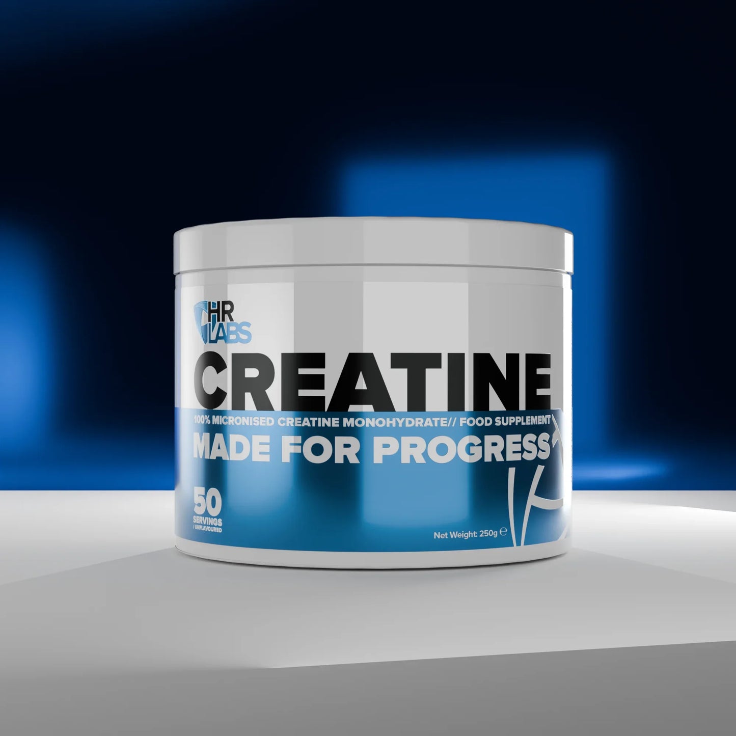 250g creatine supplement tub, 50 servings, with blue and silver label on a modern background