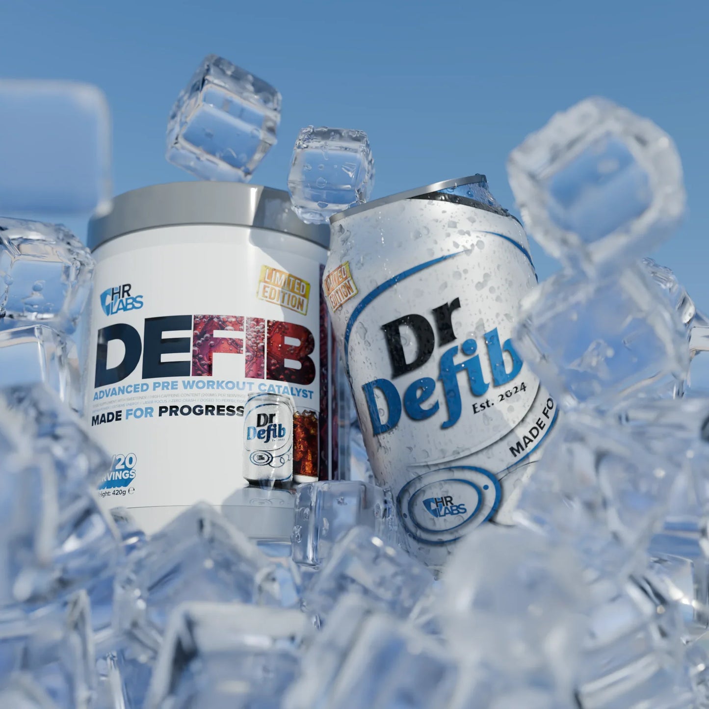 Defib pre-workout supplement tub and Dr Defib can surrounded by ice cubes