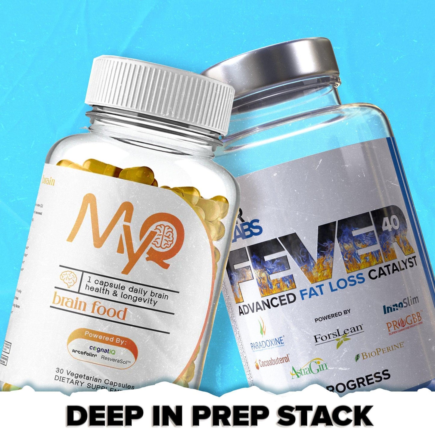 Two supplement bottles labeled MyQ brain food and Fever fat loss catalyst on blue background