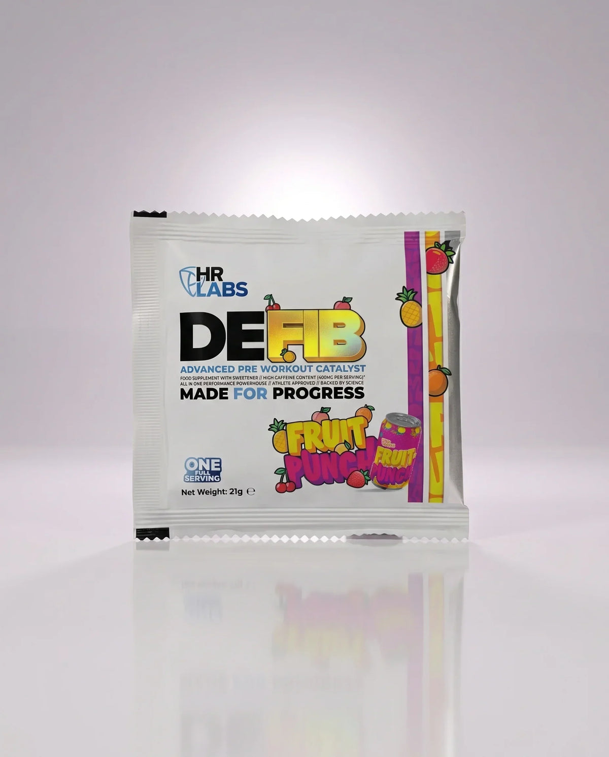 Human Research Laboratories DEFIB fruit punch pre-workout catalyst sample sachet.