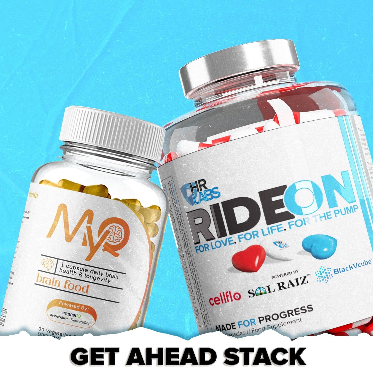 Two supplement bottles labeled MVP brain food and RideOn capsules against a bright blue background.