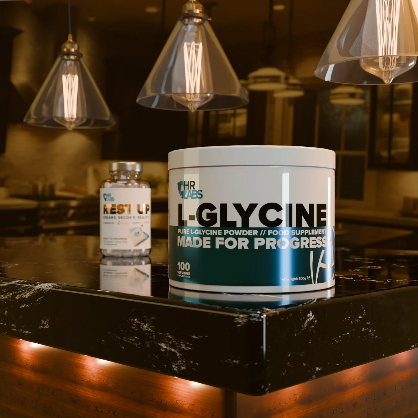 L-Glycine supplement tub on a marble kitchen counter with modern pendant lights