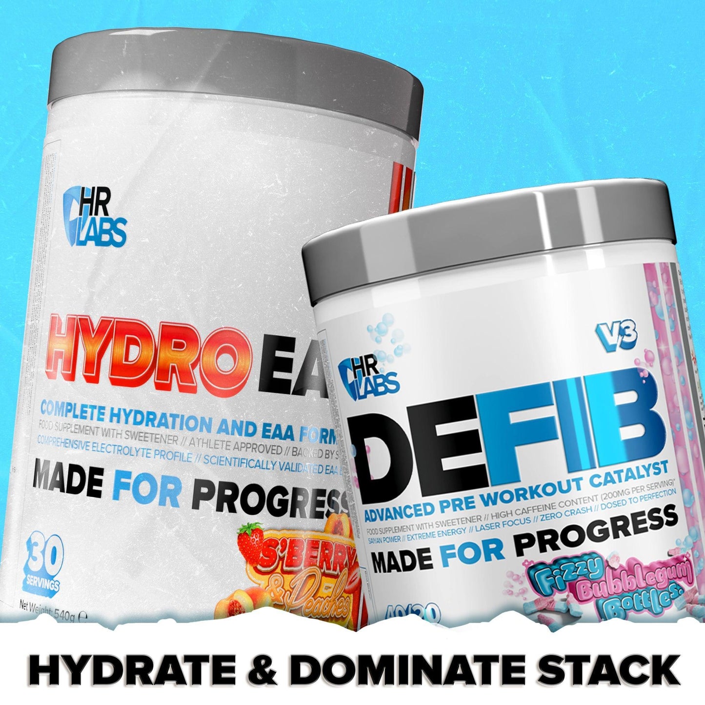 Hydrate EAA hydration supplement and Defib pre-workout powder containers on blue background