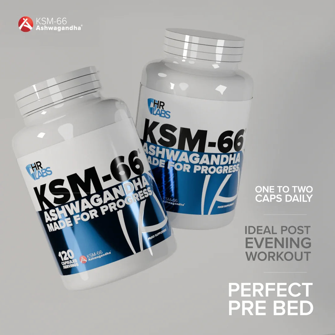 Two KSM-66 Ashwagandha supplement bottles for post-workout and pre-bed use.