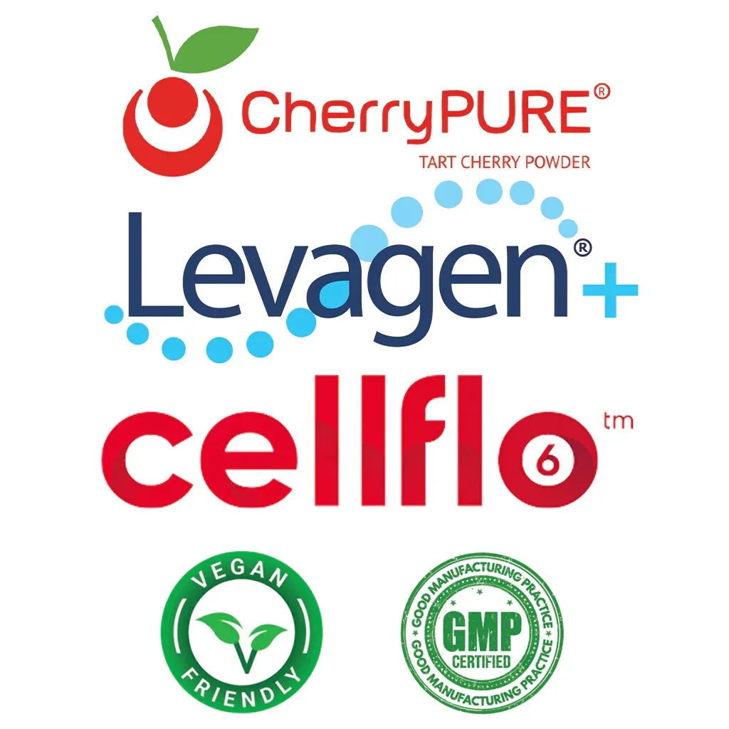 Logos for CherryPURE, Levagen+, cellflo6, Vegan Friendly, and GMP Certified supplement ingredients