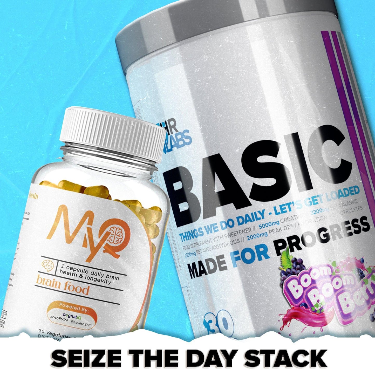 Supplement bottles labeled BASIC and brain food against blue background, Seize the Day Stack