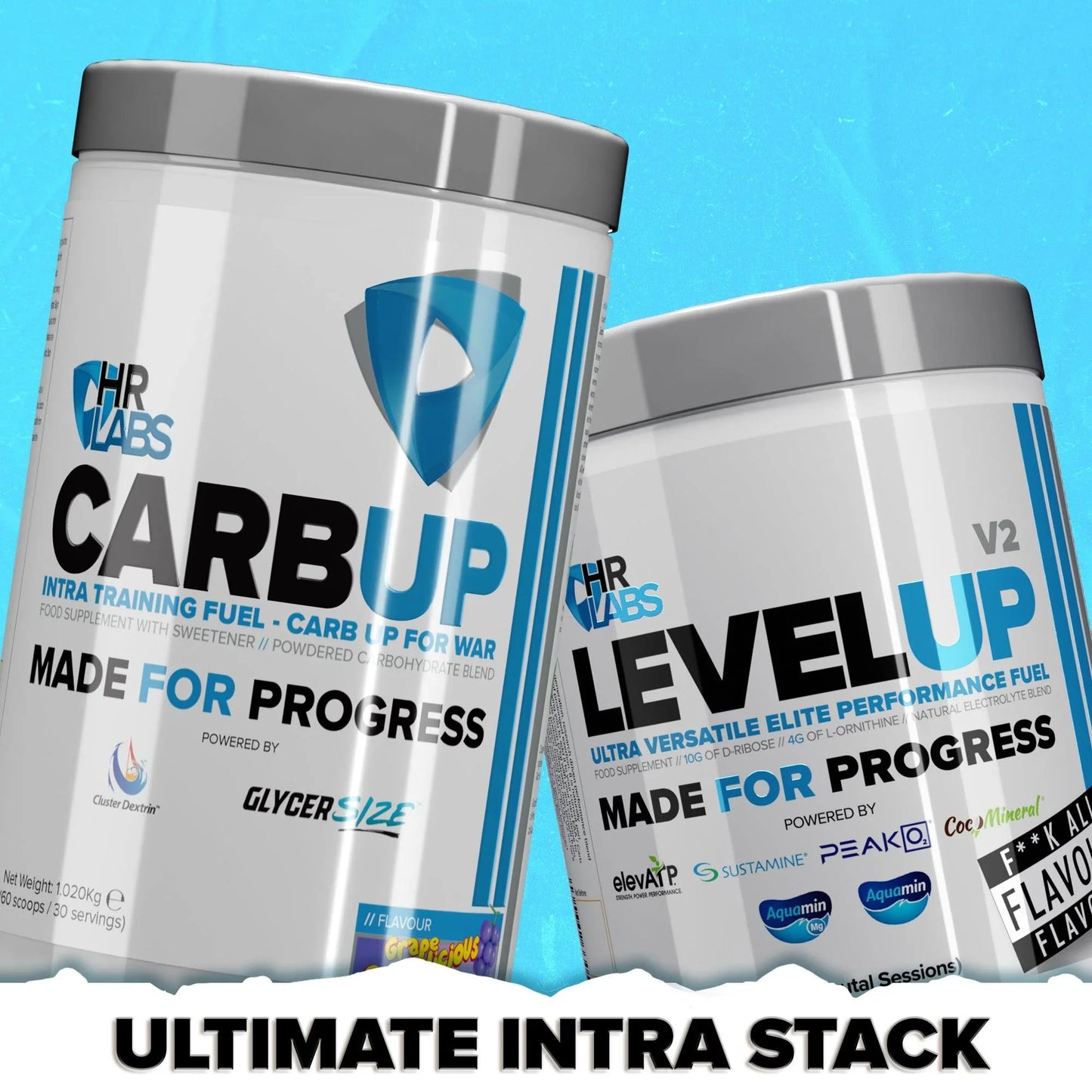 Two supplement tubs labeled CARB UP and LEVEL UP with blue accents on a bright background