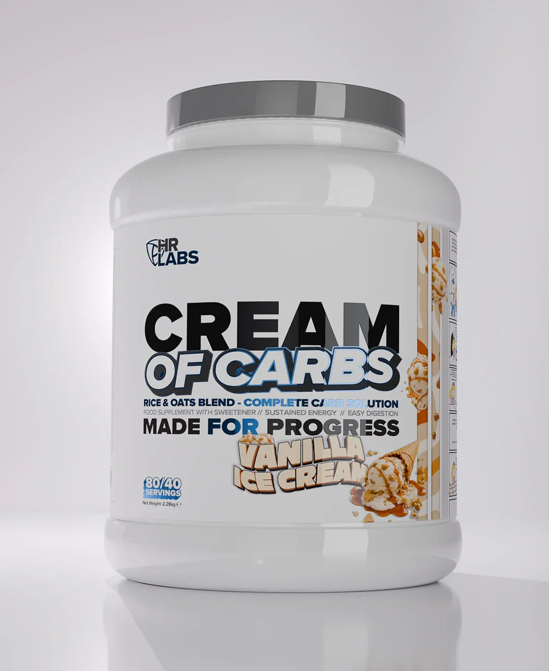 Cream of Carbs vanilla ice cream flavor supplement tub with rice and oats blend