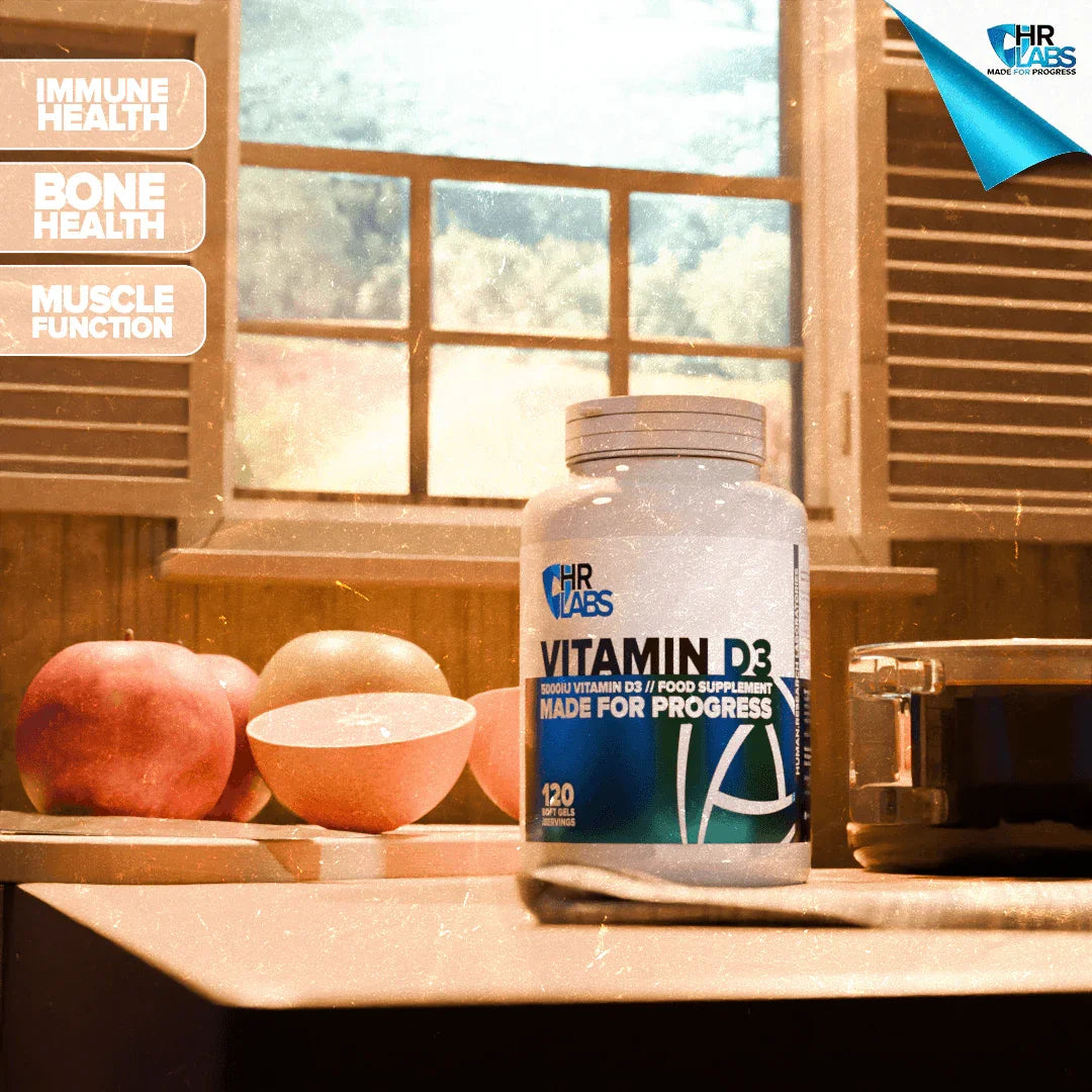 Vitamin D3 supplement bottle on kitchen counter near fruit, highlighting immune, bone, and muscle health benefits.