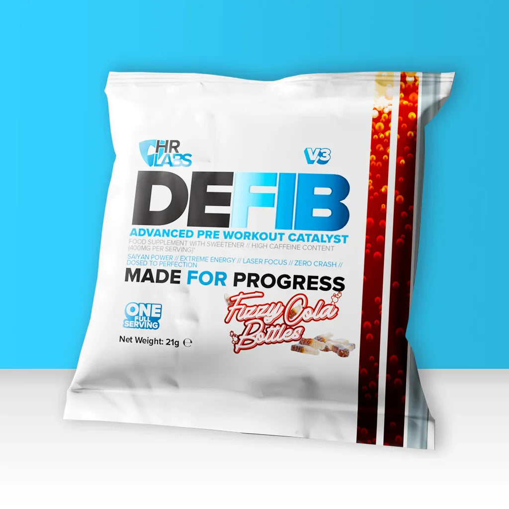 Pre-workout supplement sachet labeled Defib Fizzy Cola Bottles flavor on blue background
