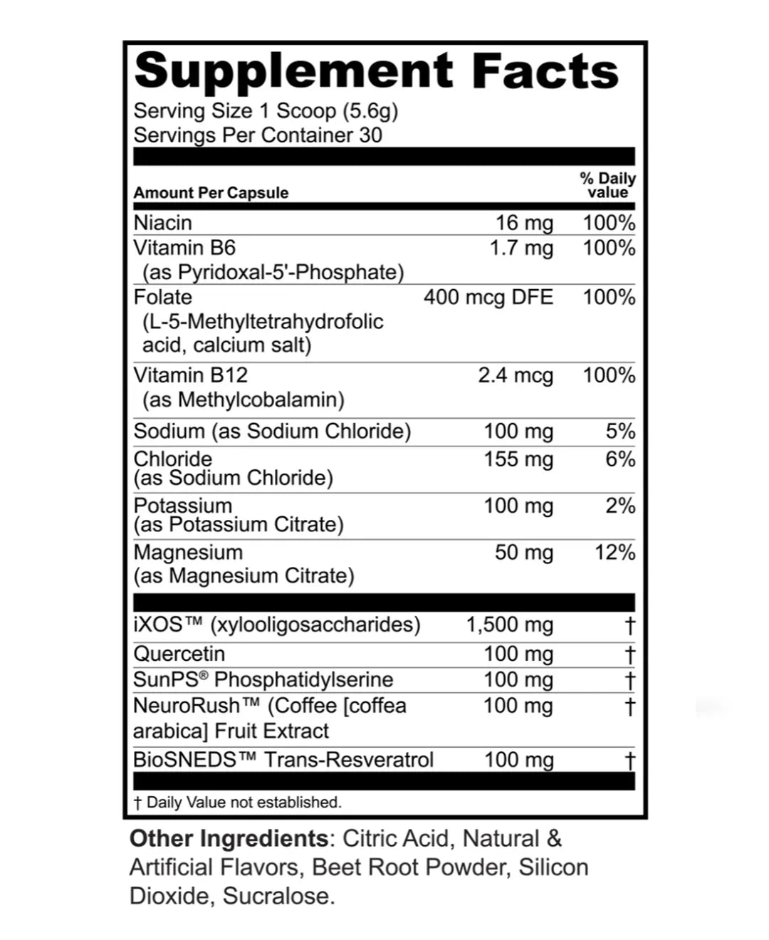 Supplement facts panel showing vitamins, minerals, and active ingredients per scoop
