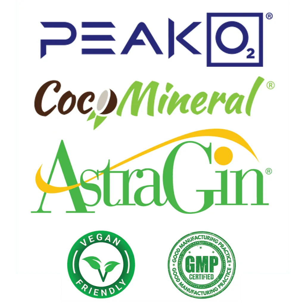 Logos for PeakO2, CocoMineral, AstraGin, vegan friendly and GMP certified badges