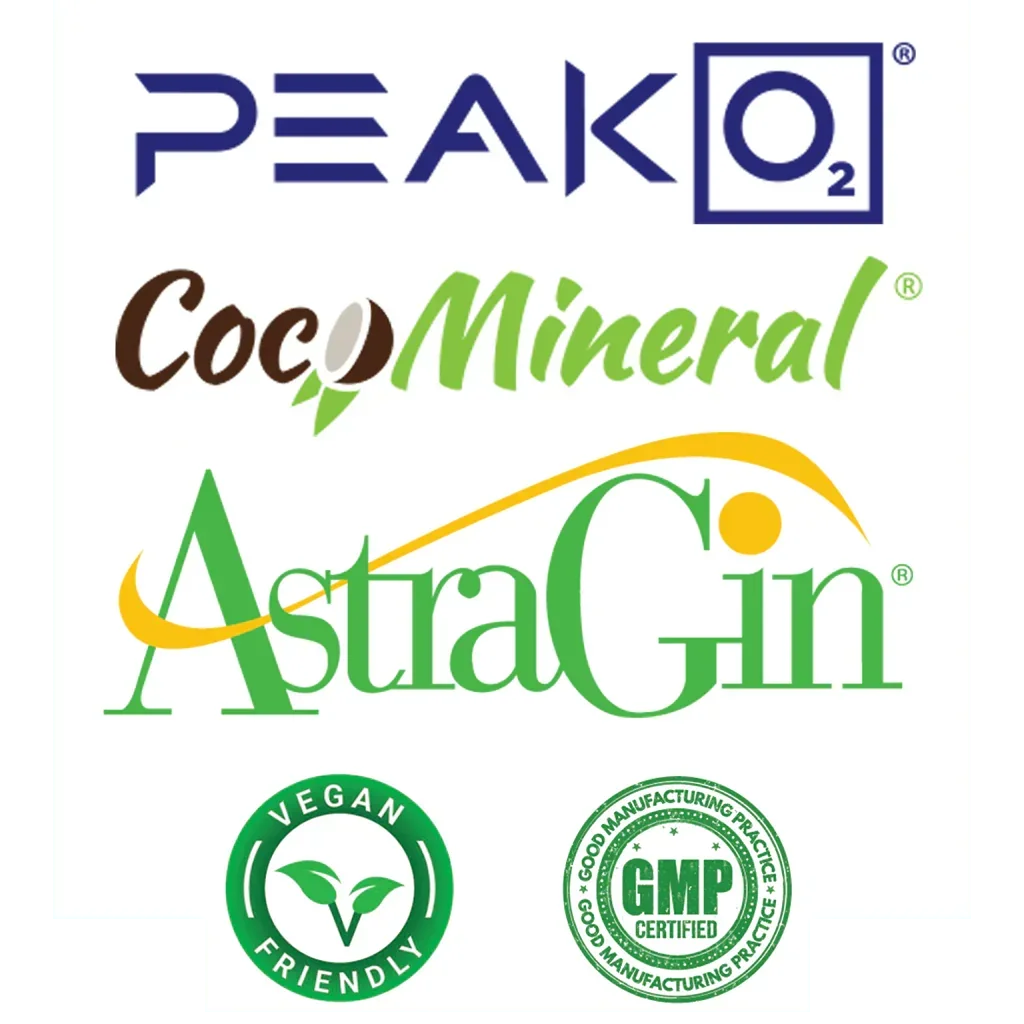 Logos for PeakO2, CocoMineral, AstraGin, vegan friendly and GMP certified badges
