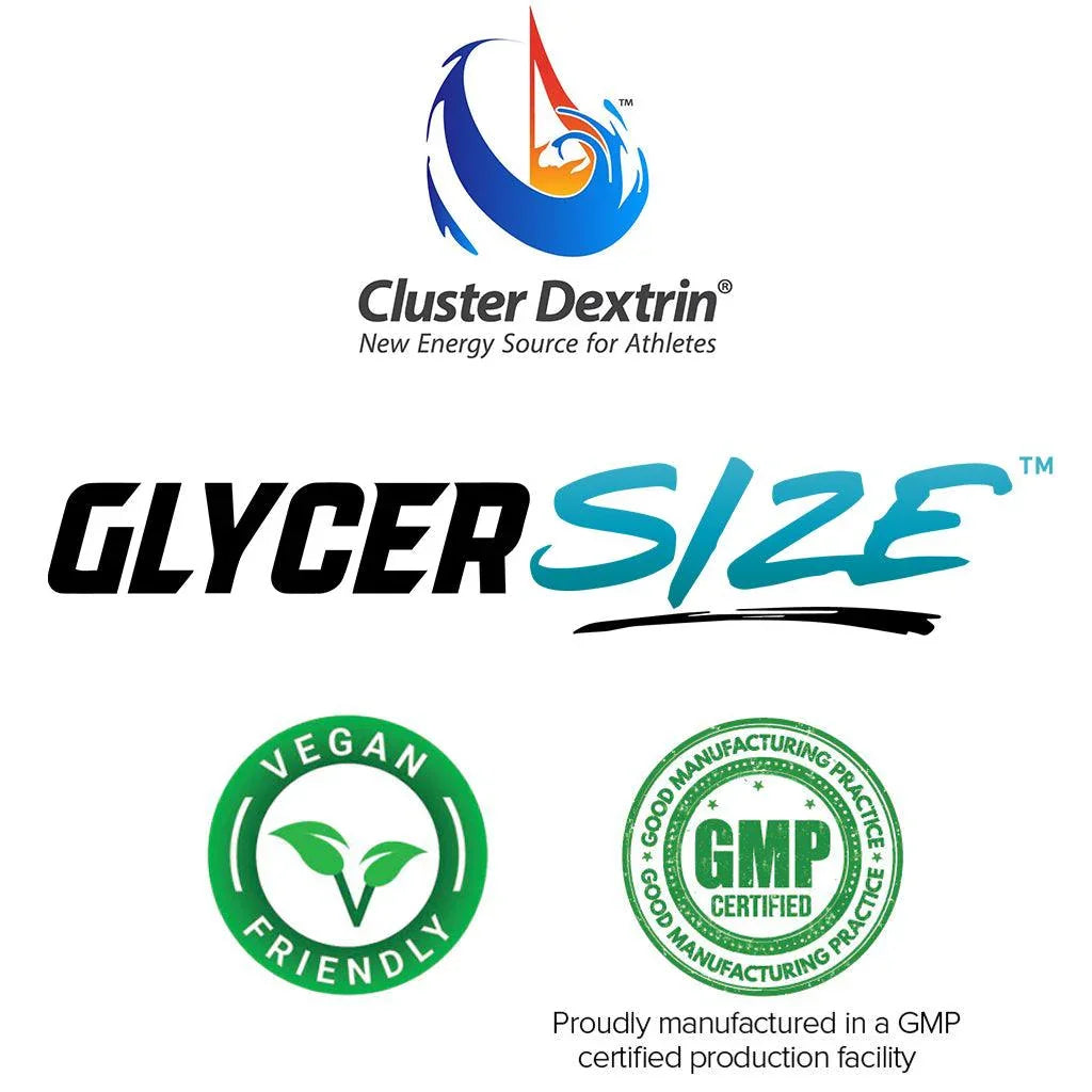 Supplement ingredient logos including Cluster Dextrin, GlycerSize, vegan and GMP certified icons.