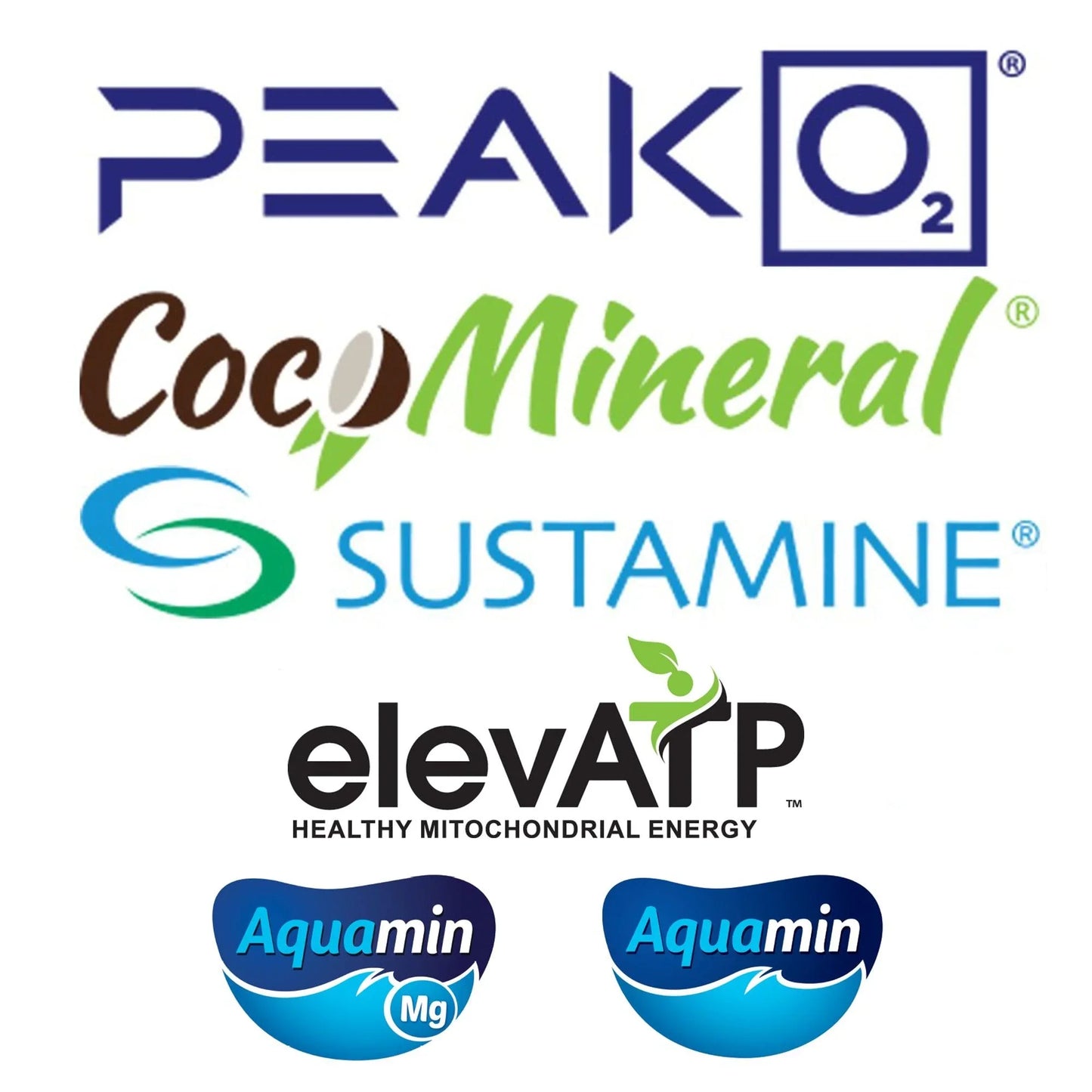Logos of supplement ingredients: PEAK O2, CocoMineral, Sustamine, elevATP, Aquamin.