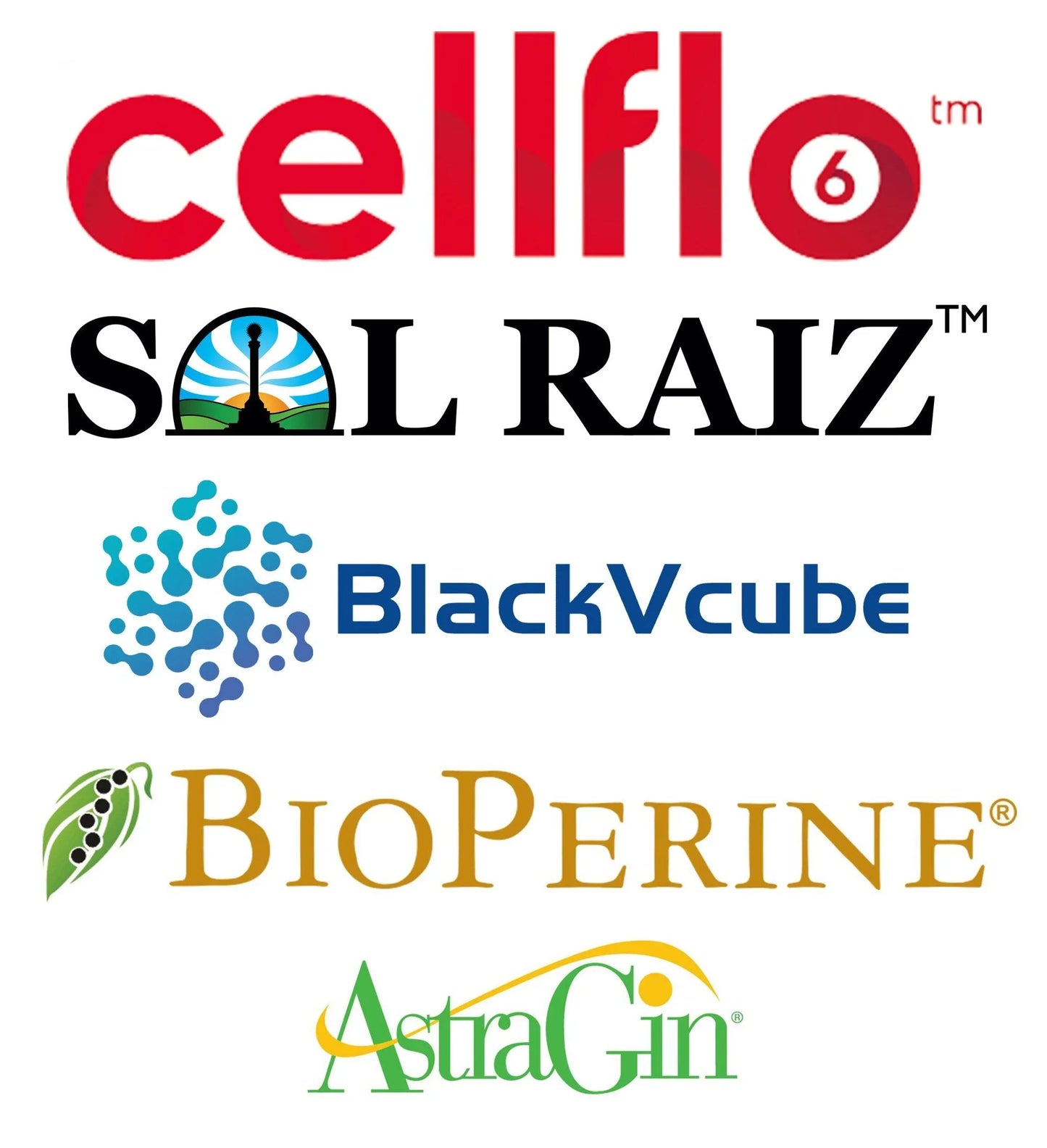 Logos for Cellflo6, Sol Raiz, BlackVcube, BioPerine, and AstraGin ingredients.