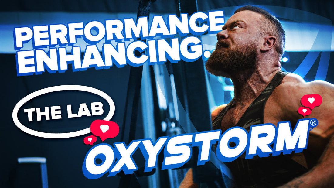 Muscular man working out in gym with bold Oxystorm and performance enhancing text overlay
