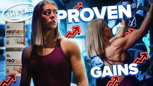 Athletic woman in gym, fitness supplement tubs labeled PROVEN, text reads 'PROVEN GAINS'.