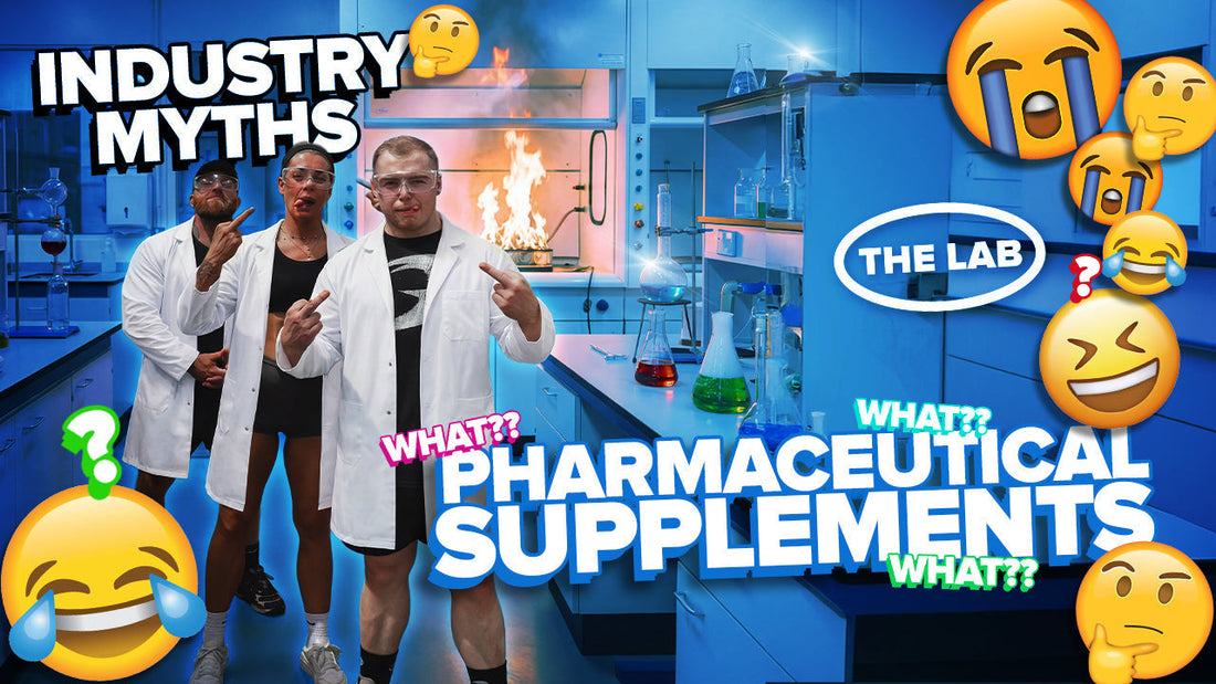 Three men in lab coats pose in a science lab with supplements, fire, and emoji graphics.