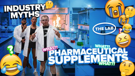 Three men in lab coats pose in a science lab with supplements, fire, and emoji graphics.