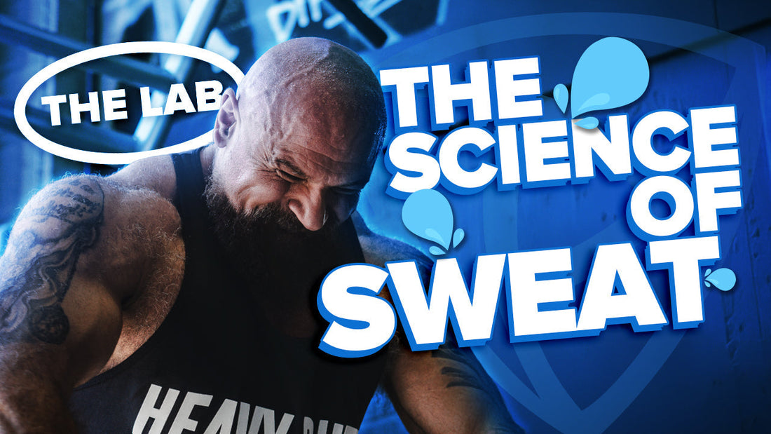 Muscular man sweating during intense workout, science of sweat fitness graphic overlay