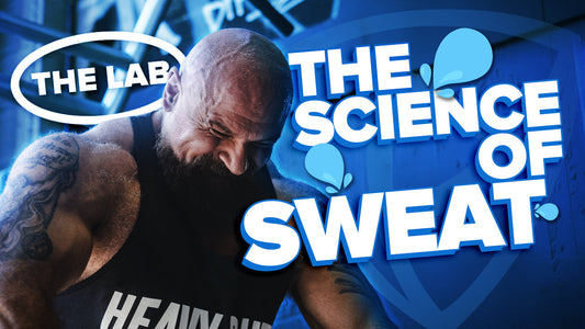 Muscular man sweating during intense workout, science of sweat fitness graphic overlay