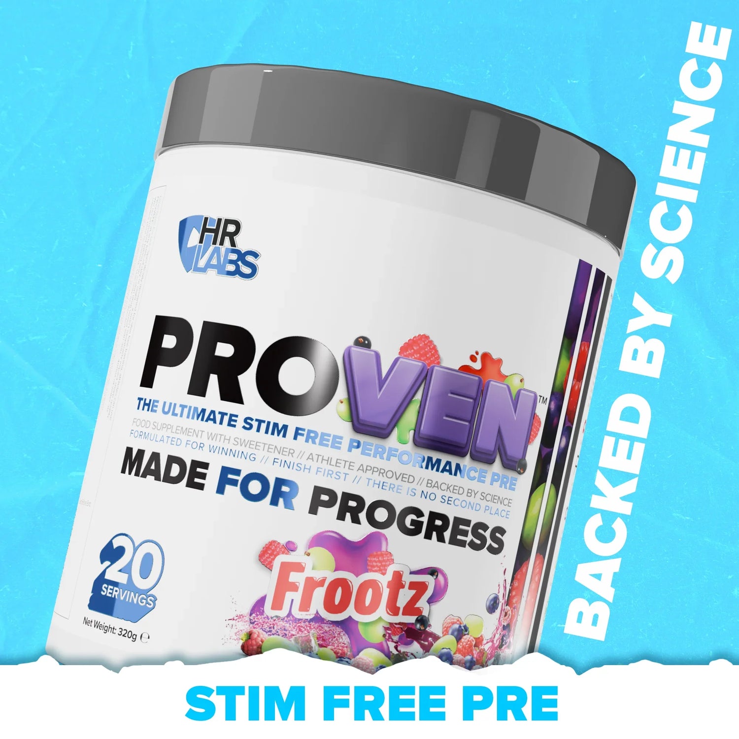 Stim-free pre-workout supplement tub with fruit graphics and 'Frootz' flavor on blue background.