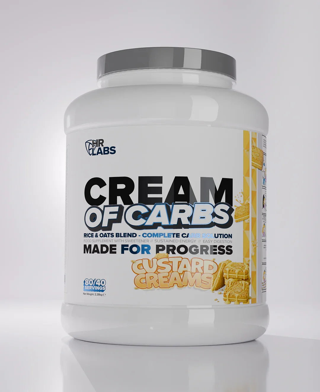 Custard Creams flavored Cream of Carbs supplement powder tub with biscuits on label