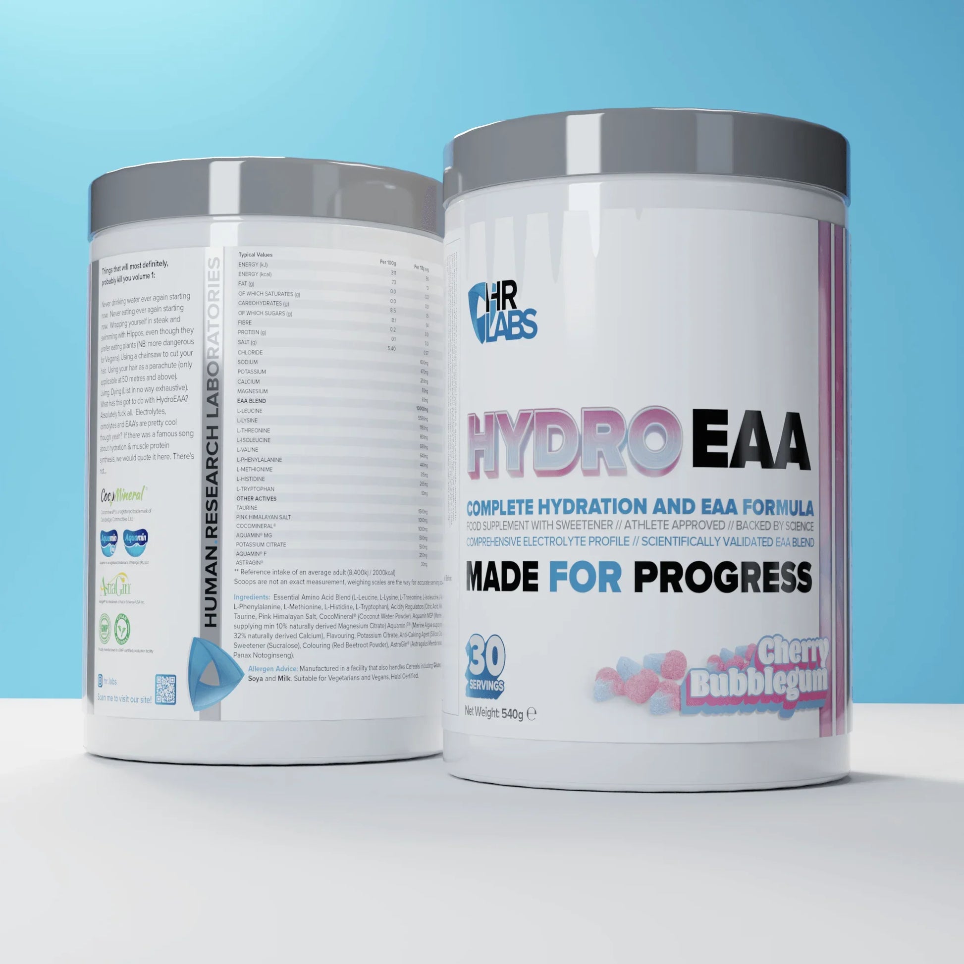 Hydro EAA cherry bubblegum supplement tub, front and back, on blue background
