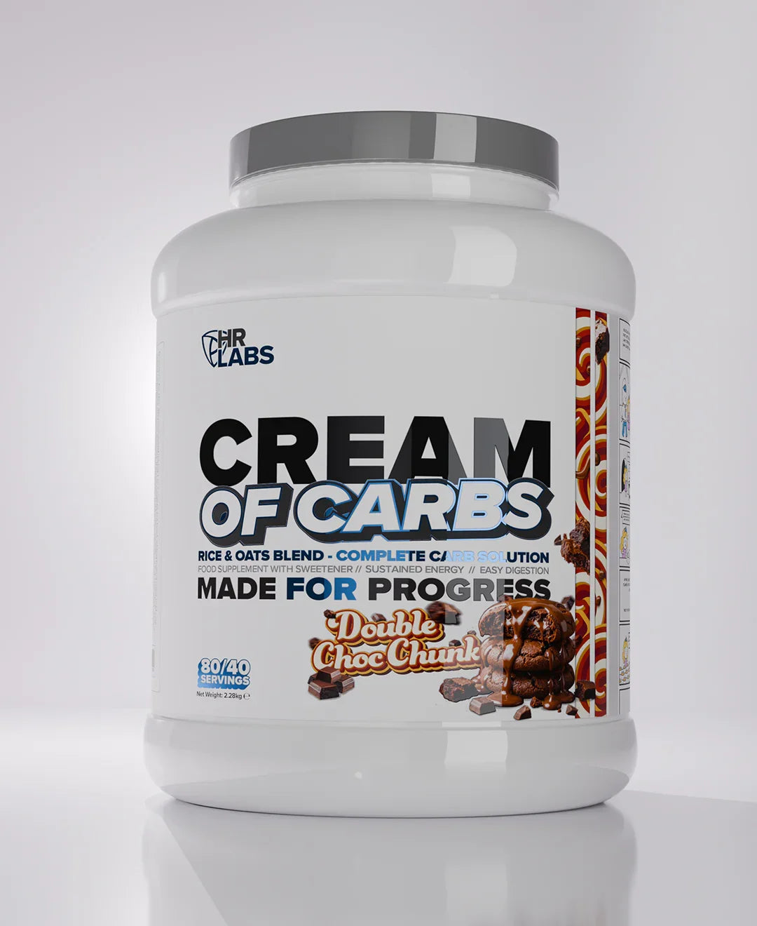 Cream of Carbs Double Choc Chunk supplement tub with chocolate chunks on label