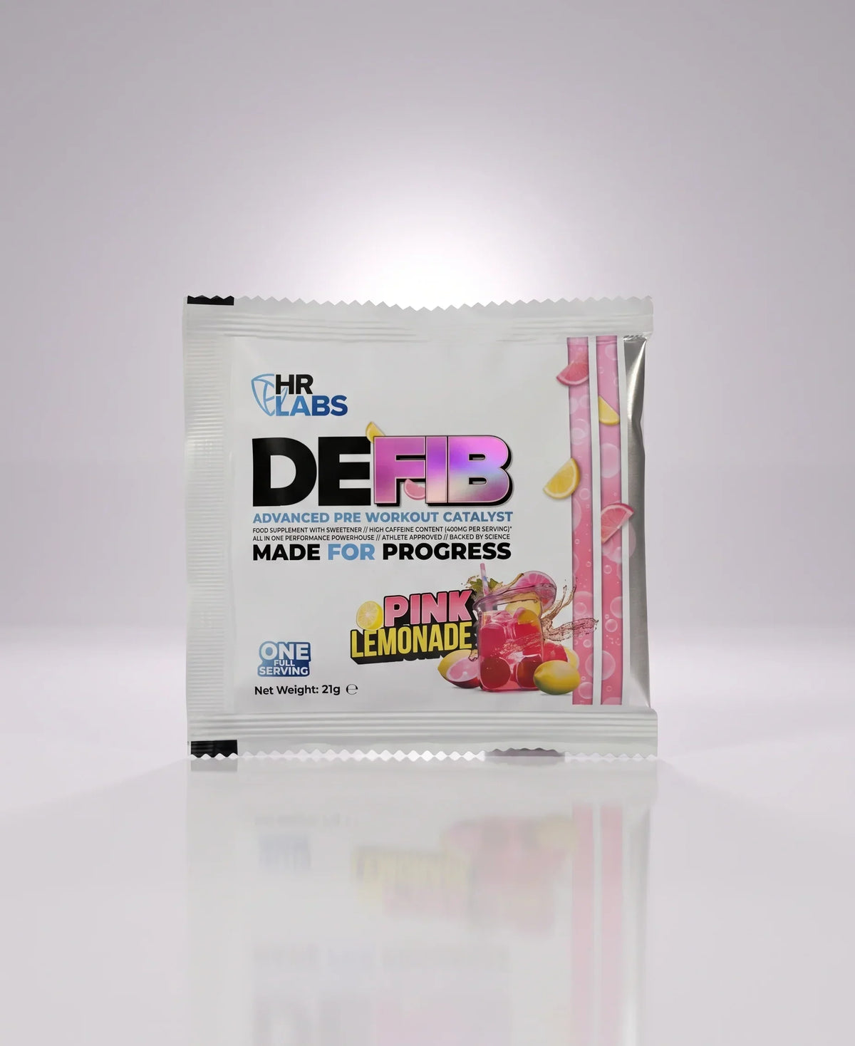 Pink Lemonade Human Research Laboratories DEFIB pre-workout catalyst sample sachet.