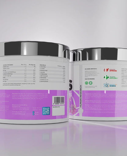 Human Research Laboratories AMINOS supplement tub with essential amino acid blend details.