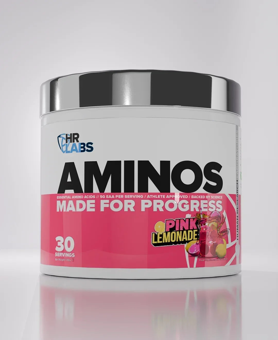 Human Research Laboratories AMINOS supplement powder in Pink Lemonade flavor, 30 servings.