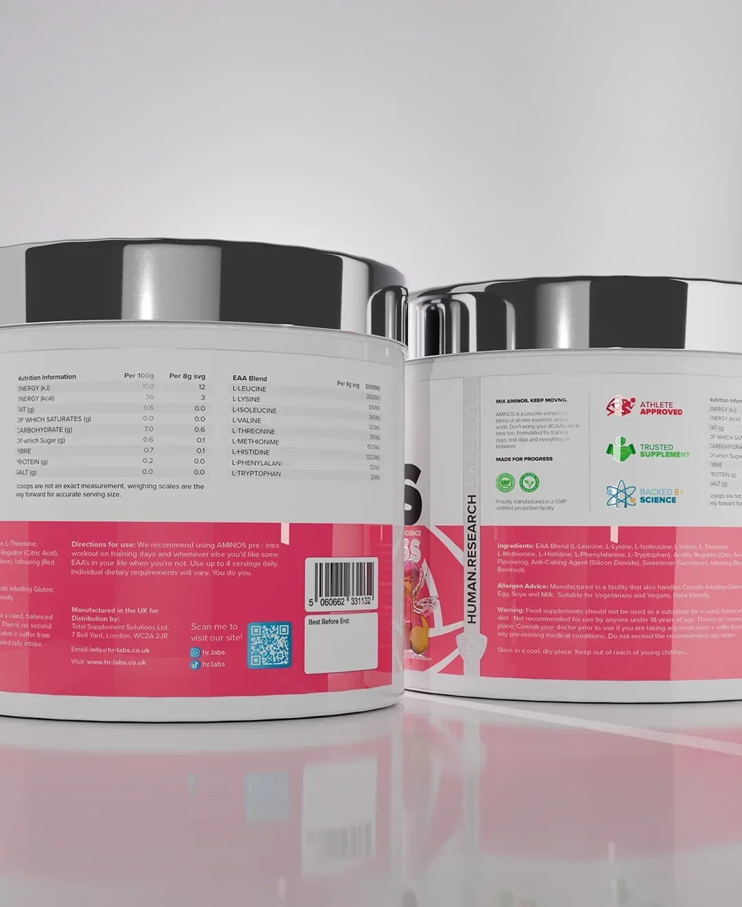 Human Research Laboratories AMINOS supplement container with nutritional information label.