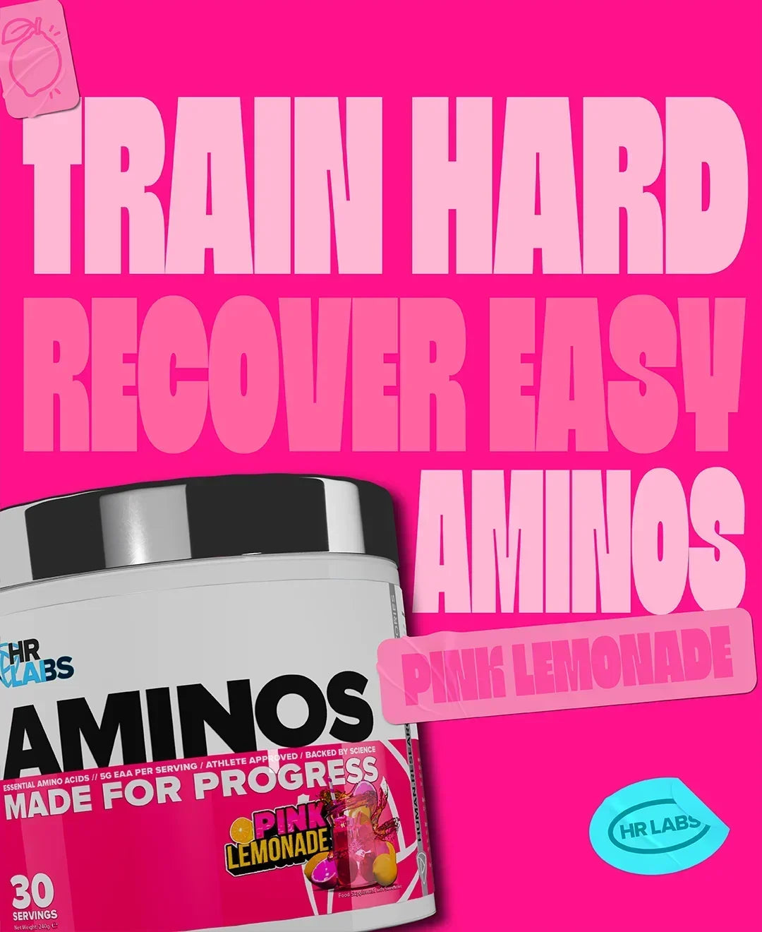 Human Research Laboratories Pink Lemonade Aminos supplement tub on a bright pink background.