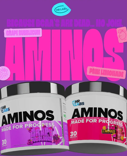 HR Labs Aminos supplement containers in Grape Bubblegum and Pink Lemonade flavors.