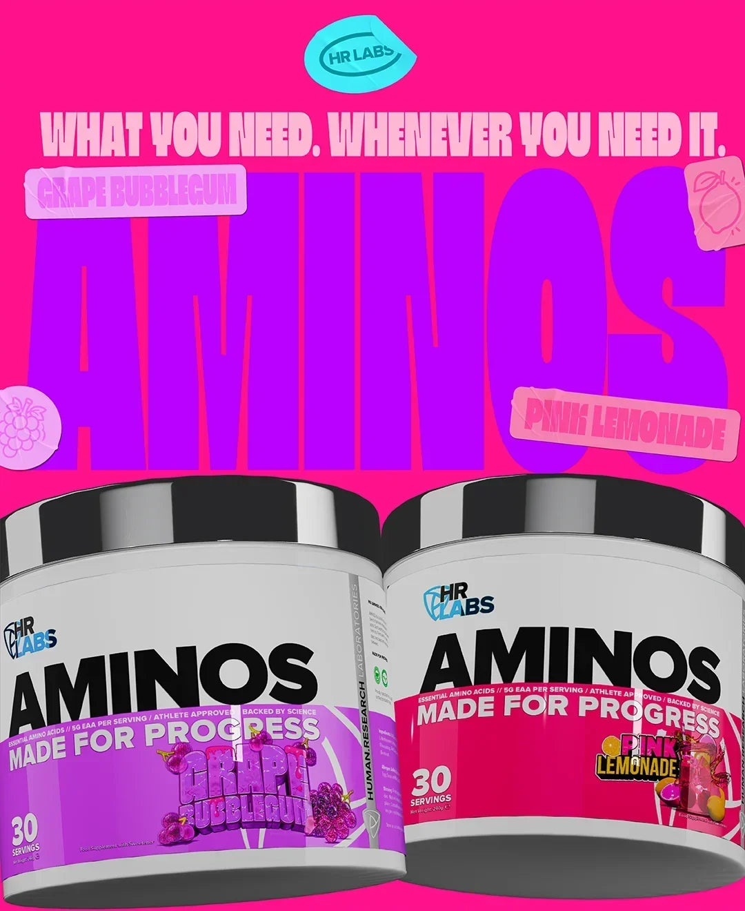Human Research Laboratories Aminos supplement jars in Grape Bubblegum and Pink Lemonade flavors.