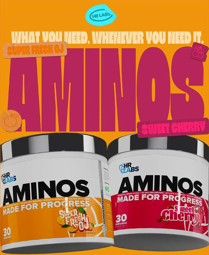 Human Research Laboratories Aminos supplement tubs in Super Fresh OJ and Sweet Cherry flavors.
