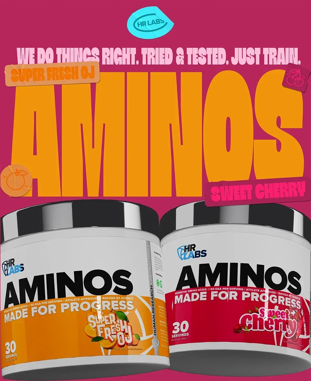 HR Labs Aminos supplement containers in Super Fresh OJ and Sweet Cherry flavors.