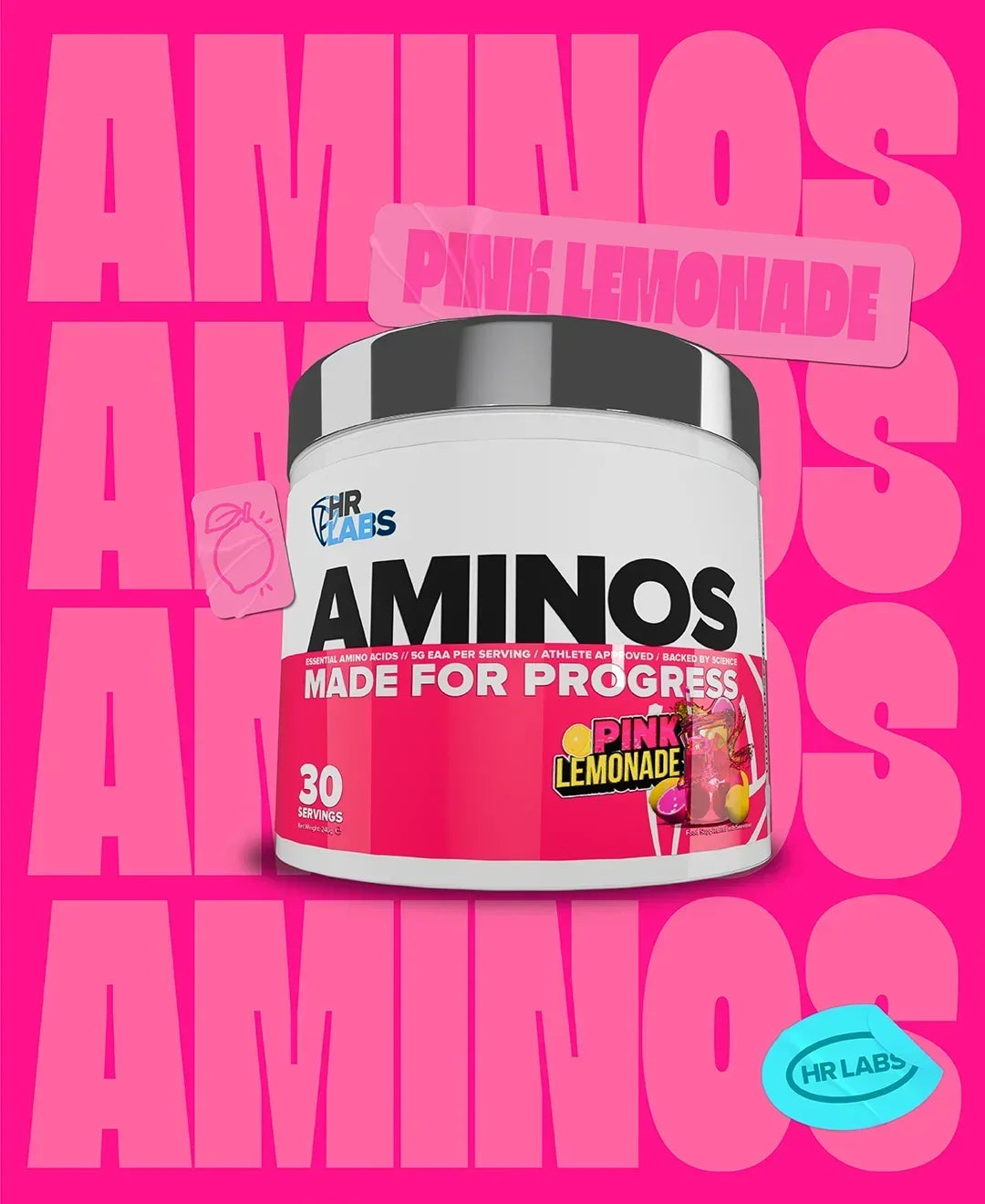 Human Research Laboratories Aminos supplement powder in Pink Lemonade flavor.