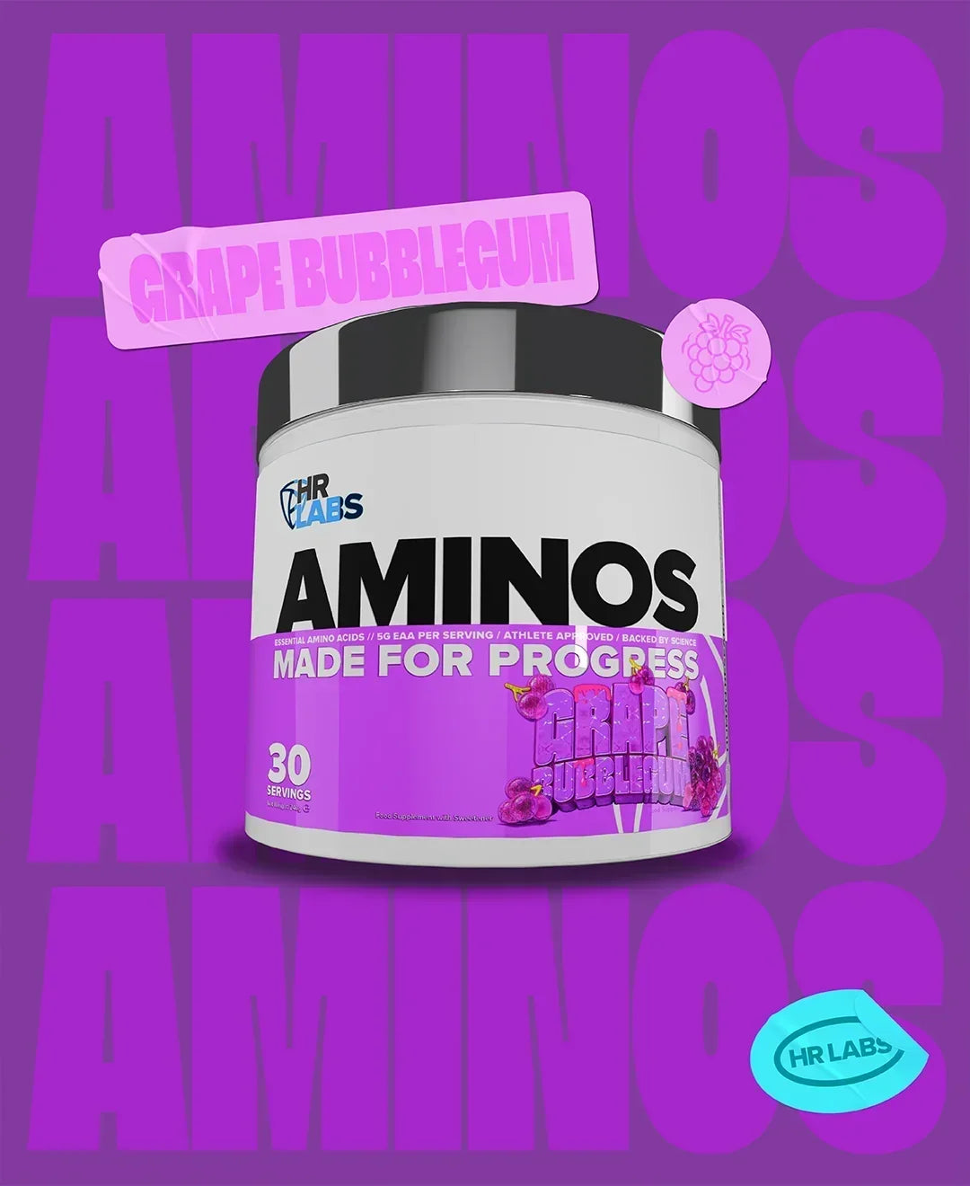 Human Research Laboratories Grape Bubblegum Aminos supplement tub on purple background