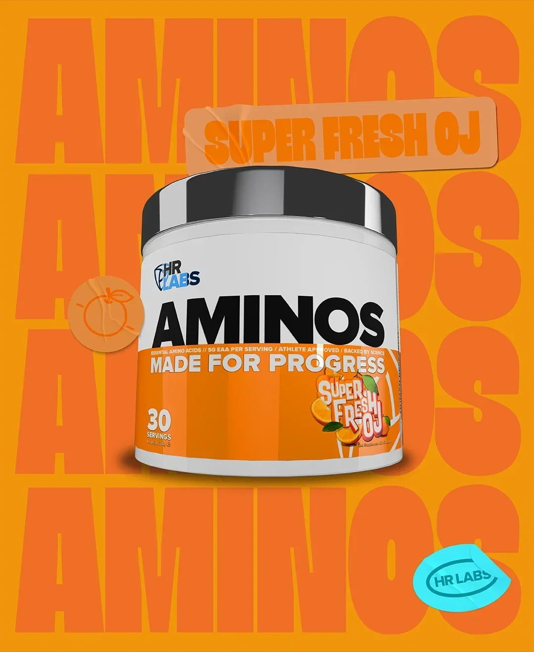 HR Labs Aminos supplement in Super Fresh OJ flavor, 30 servings container.