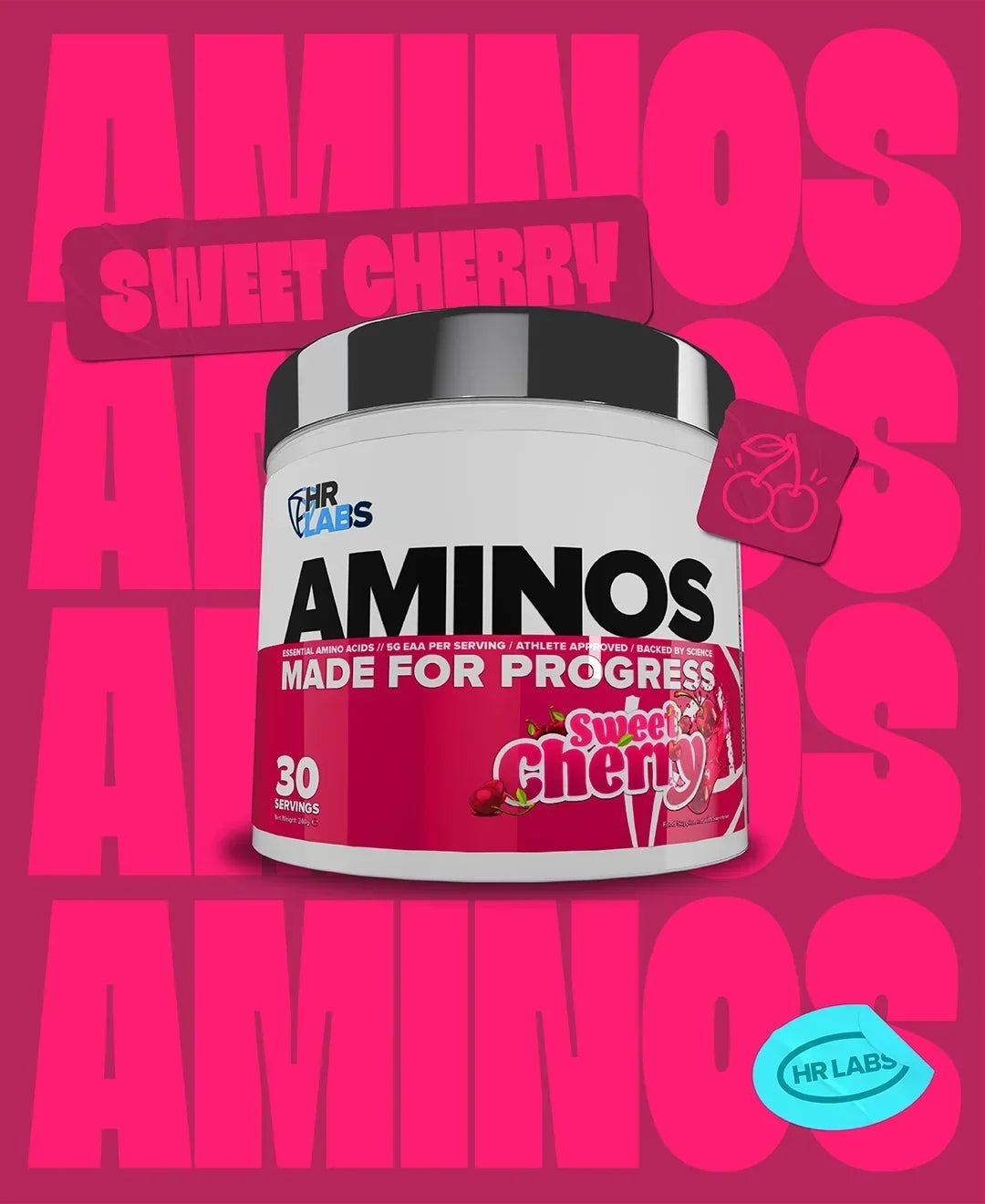 HR Labs Aminos supplement in Sweet Cherry flavor, 30 servings container.
