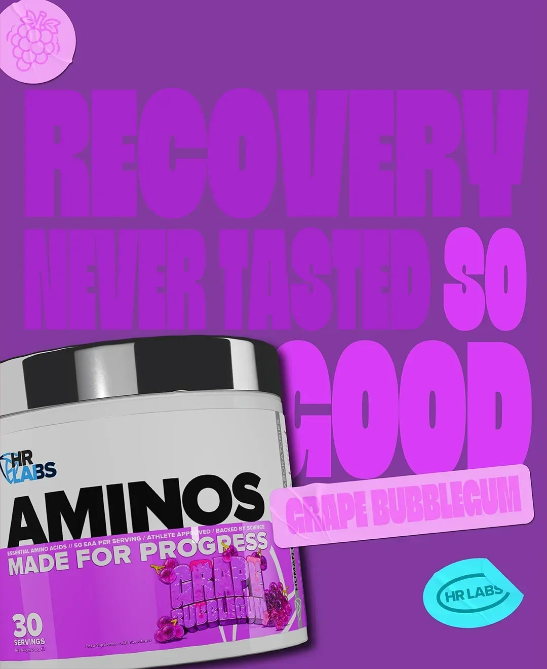 Human Research Laboratories Grape Bubblegum Aminos supplement tub on purple background