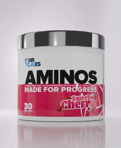 Human Research Laboratories Aminos supplement powder in Sweet Cherry flavor, 30 servings tub.