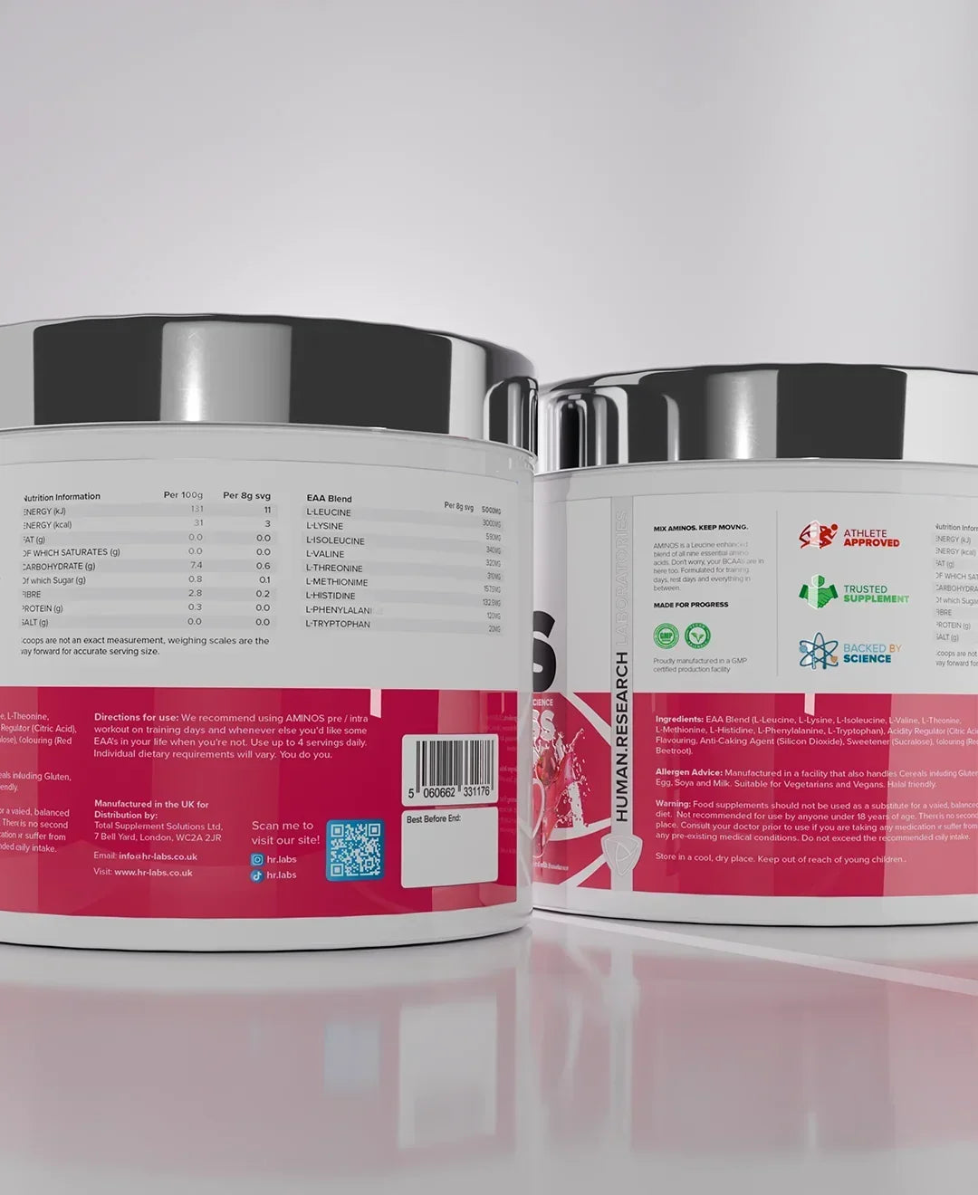 Two Human Research Laboratories AMINOS supplement tubs showing the nutrition facts label.