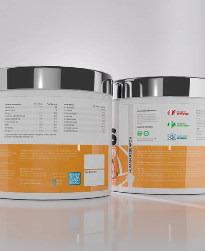 Human Research Laboratories AMINOS supplement tub with nutritional information and EAA blend.