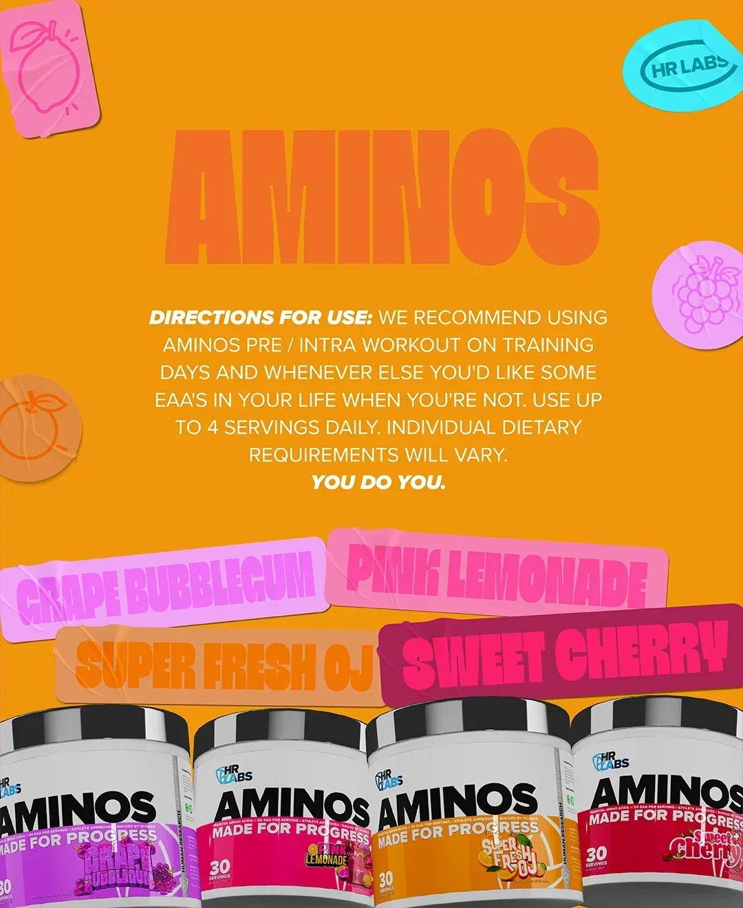 Human Research Laboratories Aminos supplement directions and flavors including Grape Bubblegum.