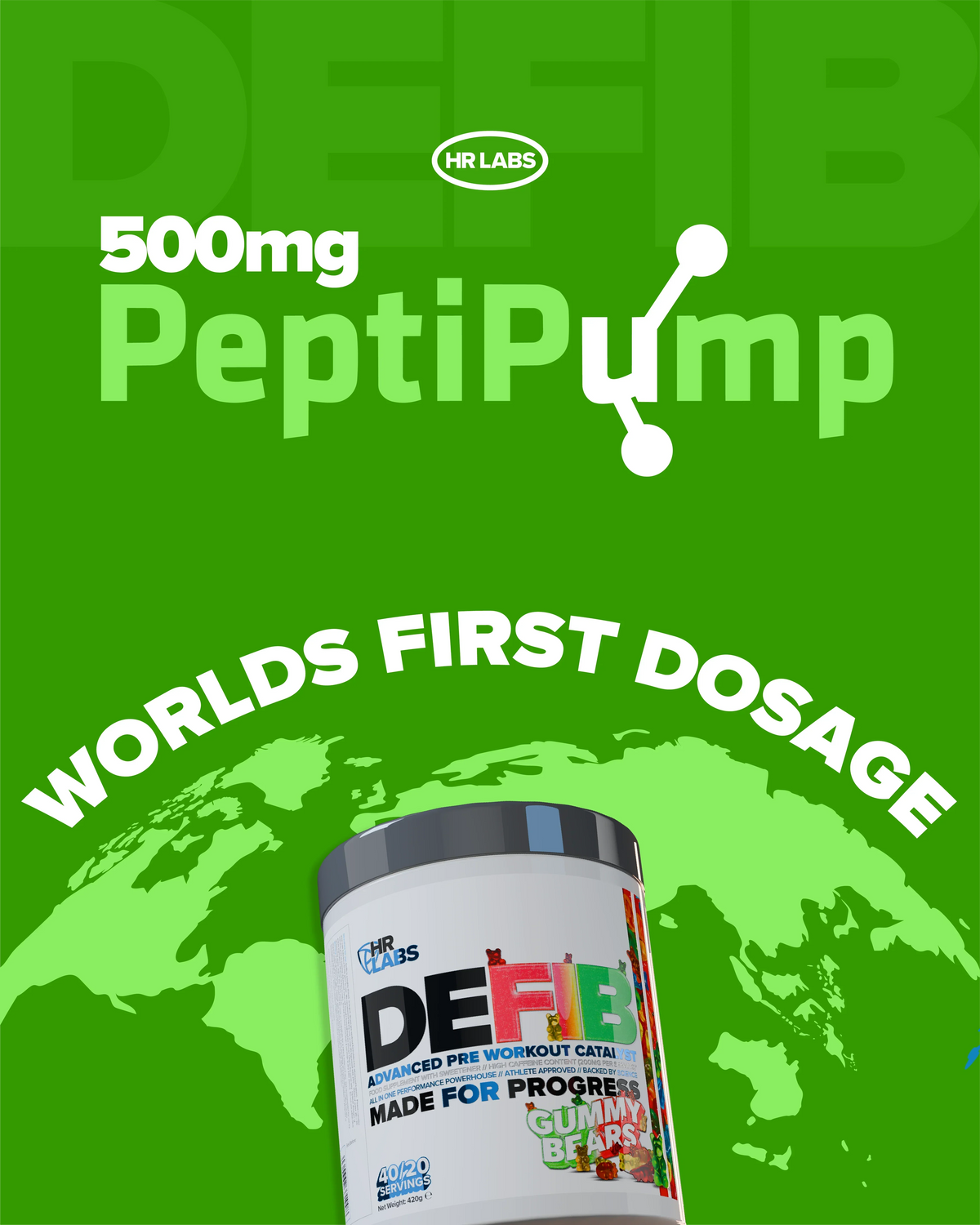 Pre-workout supplement container labeled DEFIB Gummy Bears on green world map with 500mg PeptiPump graphic